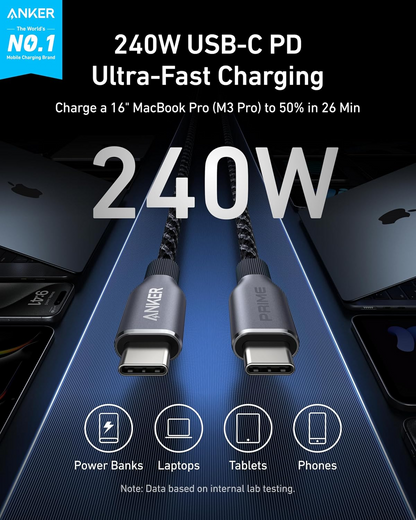 Cable de datos y carga USB-C a USB-C Anker Prime, 240 W, 0,9 m, negro A88E2011