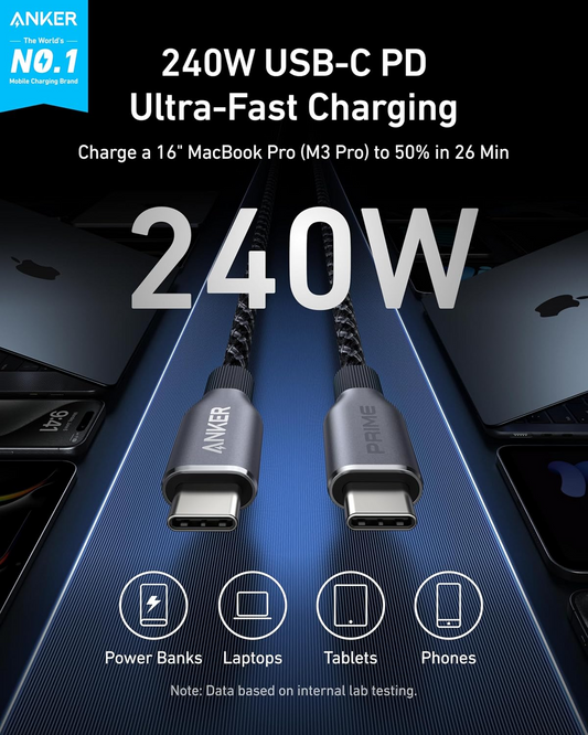 Cable de datos y carga USB-C a USB-C Anker Prime, 240 W, 0,9 m, negro A88E2011