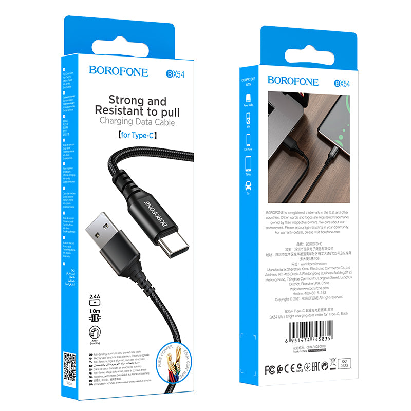 Cable de carga y datos USB-A a USB-C Borofone BX54 Ultra brillante, 18W, 1m, Negro