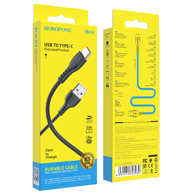 Cable de datos y carga USB-A - USB-C Borofone BX51 Triumph MP BX51, 18W, 1m, Negro