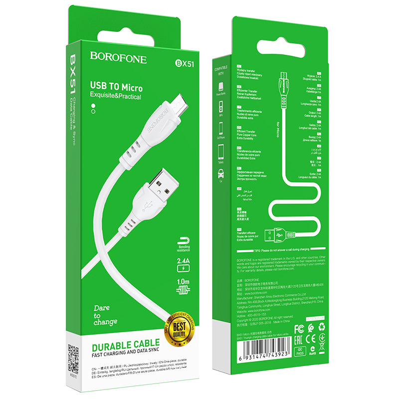 Cable de datos y carga USB-A - microUSB Borofone BX51 Triumph MP, 18W, 1m, Blanco