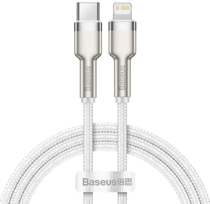 Cable de carga y datos USB-C - Lightning Baseus Cafule Metal Series, 20W, 1m, Blanco CATLJK-A02