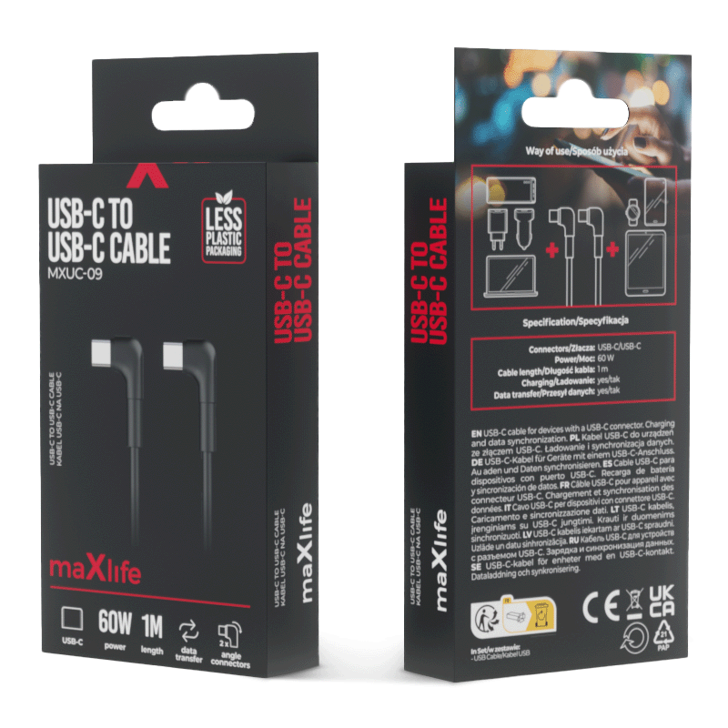 Cable de carga y datos USB-C - USB-C MaXlife MXUC-09 MXUC-09 Angled, 60W, 1m, Negro 