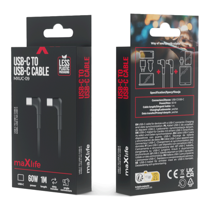 Cable de carga y datos USB-C - USB-C MaXlife MXUC-09 MXUC-09 Angled, 60W, 1m, Negro 