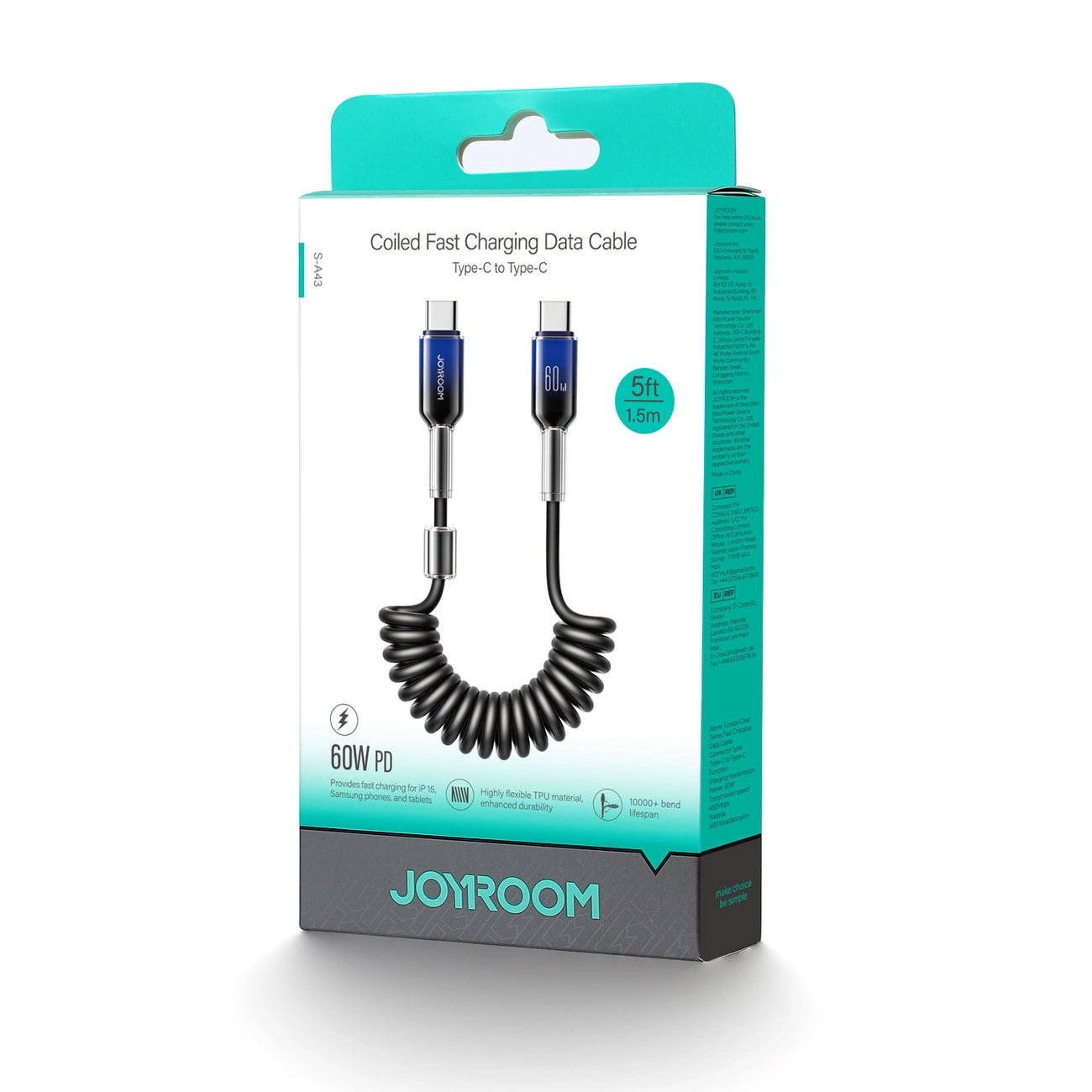 Cable de Datos y Carga USB-C - USB-C Joyroom S-A43 Crystal, 60W, 1.5m, Negro