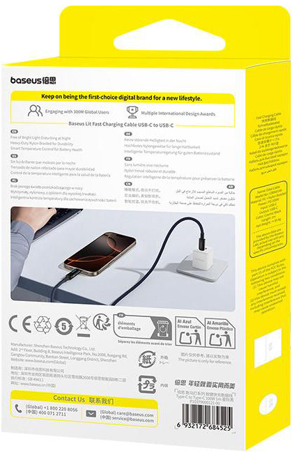 Cable de Datos y Carga USB-C - USB-C Baseus Lit Button Control, 100W, 2m, Negro P10379000121-01