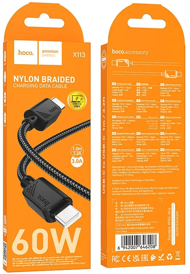 Cable de Datos y Carga USB-C - USB-C HOCO X113, 60W, 1m, Negro