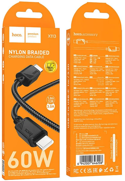 Cable de Datos y Carga USB-C - USB-C HOCO X113, 60W, 1m, Negro