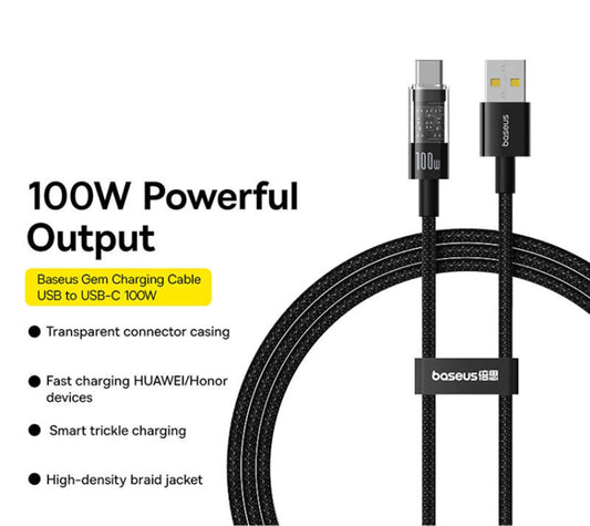 Cable de Datos y Carga USB-A - USB-C Baseus Gem, 100W, 2m, Negro P10373002111-01