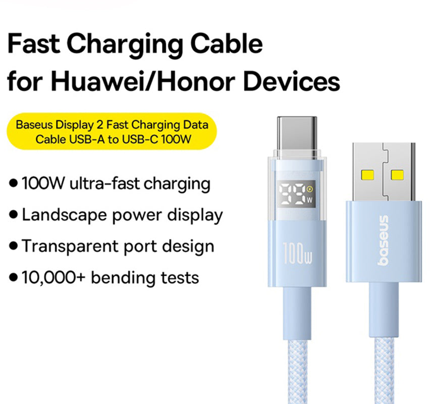 Cable de Datos y Carga USB-A - USB-C Baseus Display 2, 100W, 2m, Azul P10382701311-01