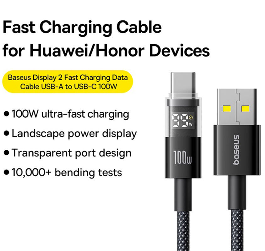 Cable de Datos y Carga USB-A - USB-C Baseus Display 2, 100W, 2m, Negro P10382701111-00
