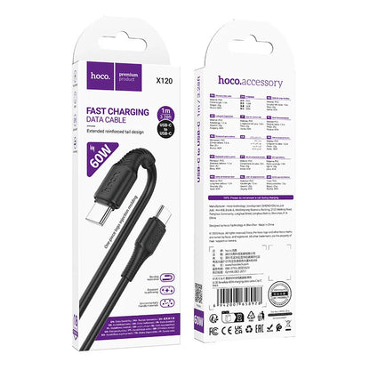 Cable de Datos y Carga USB-C - USB-C HOCO X120, 60W, 1m, Negro