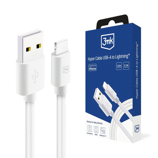 Cable de Datos y Carga USB-A - Lightning 3MK Hyper, 12W, 1.2m, Blanco
