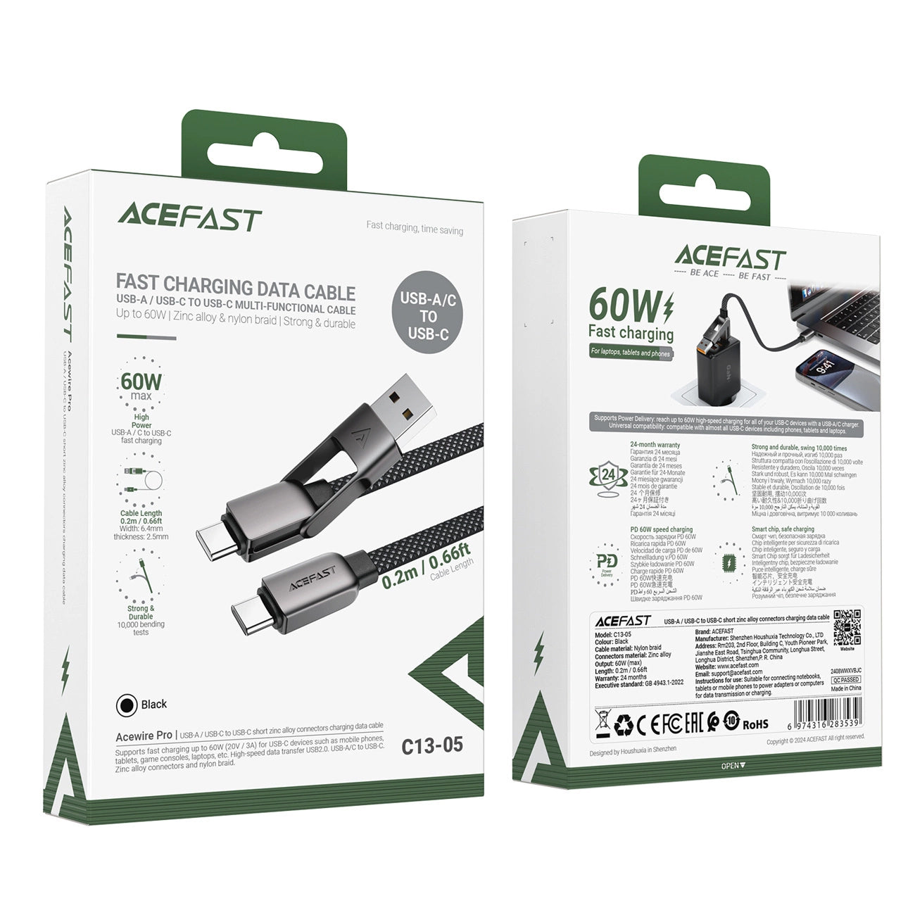 Cable de Datos y Carga USB-C - USB-A / USB-C Acefast C13-05, 60W, 0.2m, Negro
