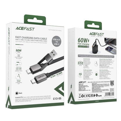Cable de Datos y Carga USB-C - USB-A / USB-C Acefast C13-05, 60W, 0.2m, Negro