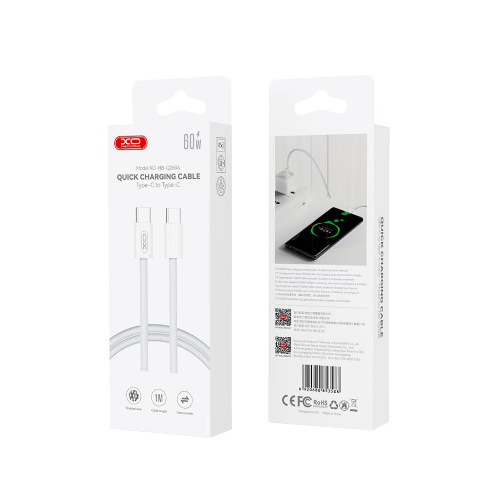 Cable de Datos y Carga USB-C - USB-C XO Design NB-Q260B, 60W, 1.5m, Blanco