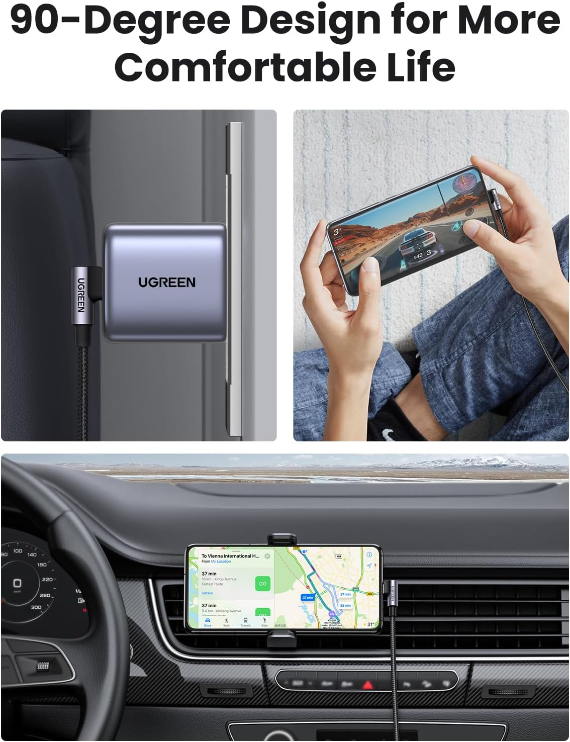 Cable de Datos y Carga USB-C - USB-C UGREEN US255 Angled, 60W, 3m, Gris