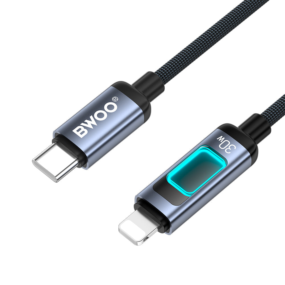 Cable de Datos y Carga USB-C - Lightning BWOO X324CL Display, 30W, 1m, Negro