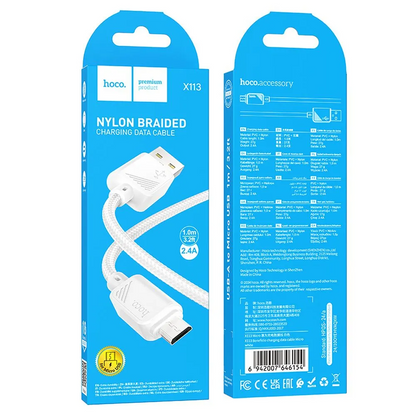 Cable de Datos y Carga USB-A - microUSB HOCO X113, 18W, 1m, Blanco