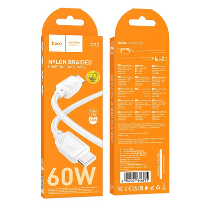 Cable de Datos y Carga USB-C - USB-C HOCO X113, 60W, 1m, Blanco