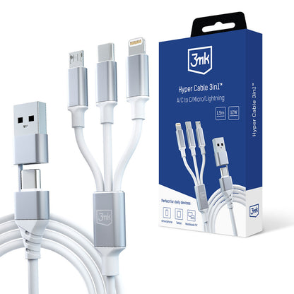 Cable de carga USB-A / USB-C - Lightning / microUSB / USB-C 3MK Hyper 3en1, 12W, 1,5m, Blanco 