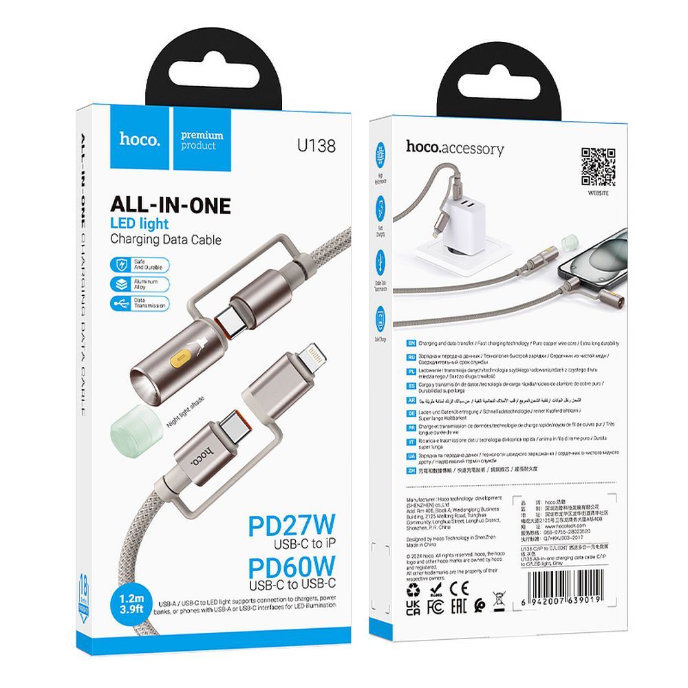 Cable de Datos y Carga USB-C / Lightning - USB-C / Led HOCO U138, 60W, 1.2m, Gris
