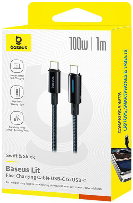 Cable de Datos y Carga USB-C - USB-C Baseus Lit Button Control, 100W, 2m, Negro P10379000121-01