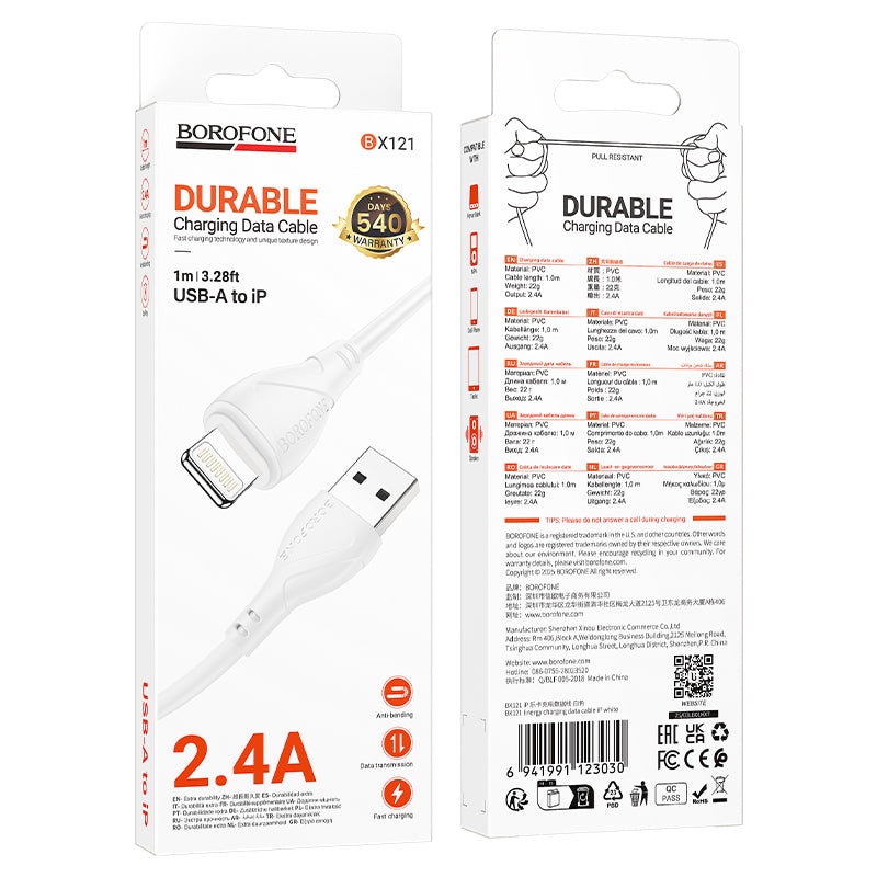 Cable de Datos y Carga USB-A - Lightning Borofone BX121 Energy, 18W, 1m, Blanco