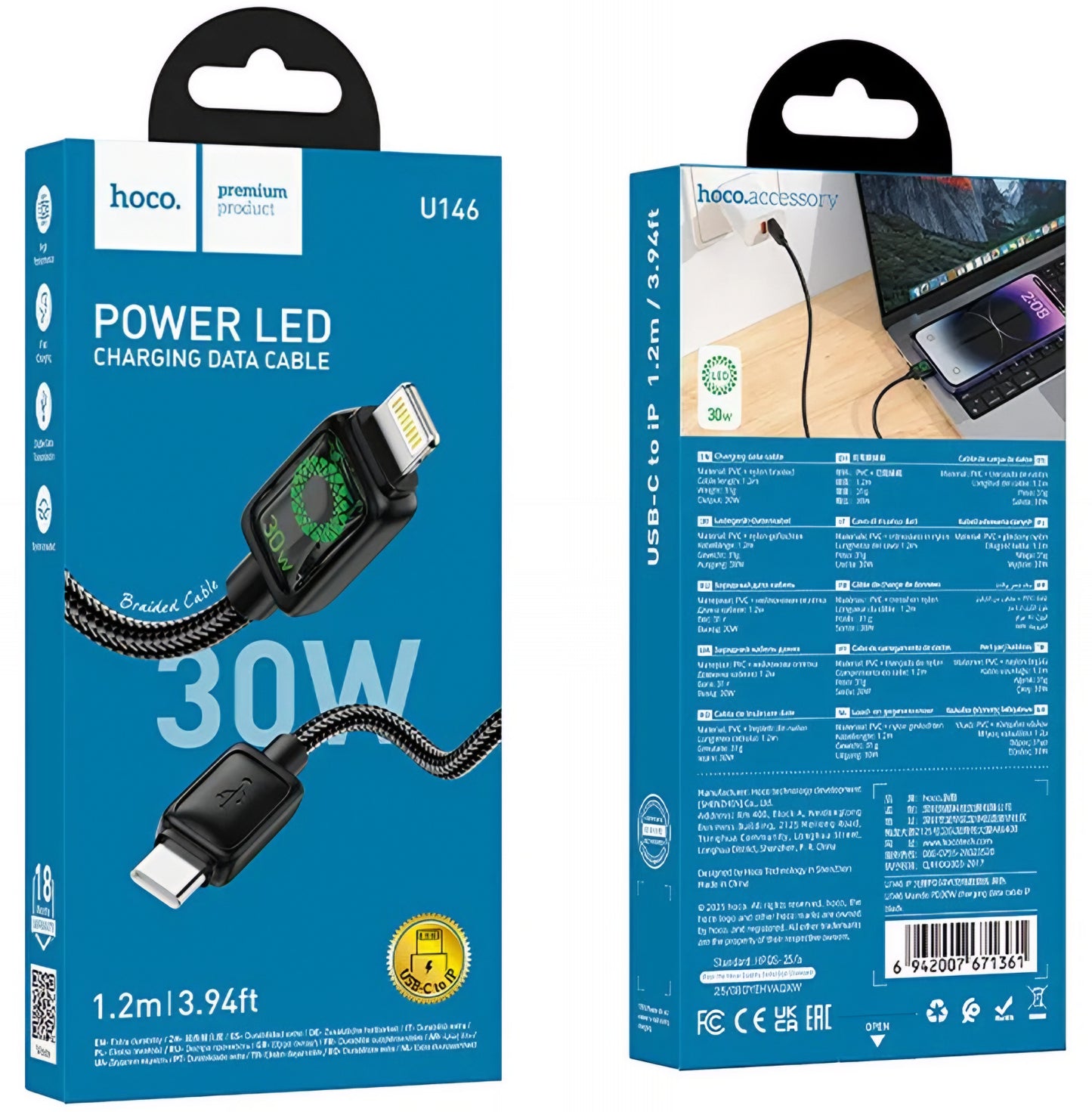 Cable de Datos y Carga USB-C - Lightning HOCO U146, 30W, 1.2m, Negro