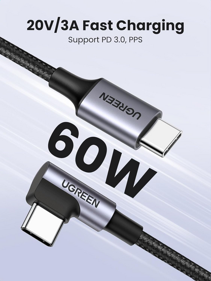 Cable de Datos y Carga USB-C - USB-C UGREEN US255 Angled, 60W, 3m, Gris