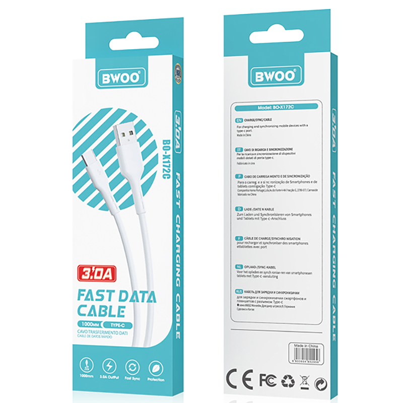 Cable de Datos y Carga USB-A - USB-C BWOO X172C, 60W, 1m, Blanco