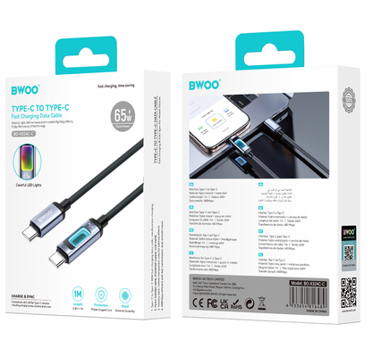 Cable de Datos y Carga USB-C - USB-C BWOO X324CC Display, 65W, 1m, Negro