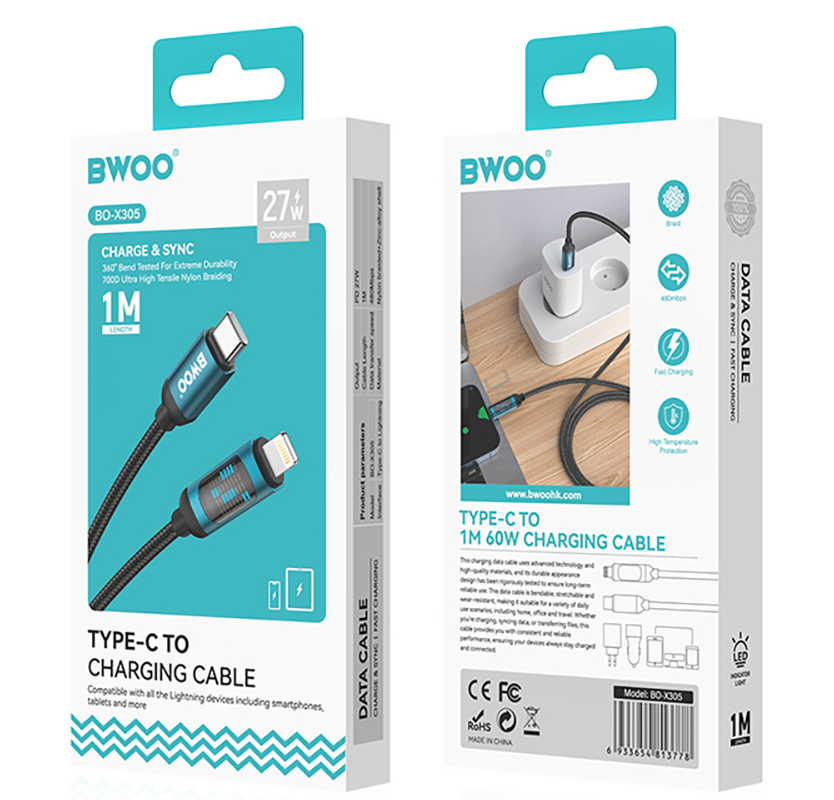 Cable de Datos y Carga USB-C - Lightning BWOO X305 Display, 27W, 1m, Negro