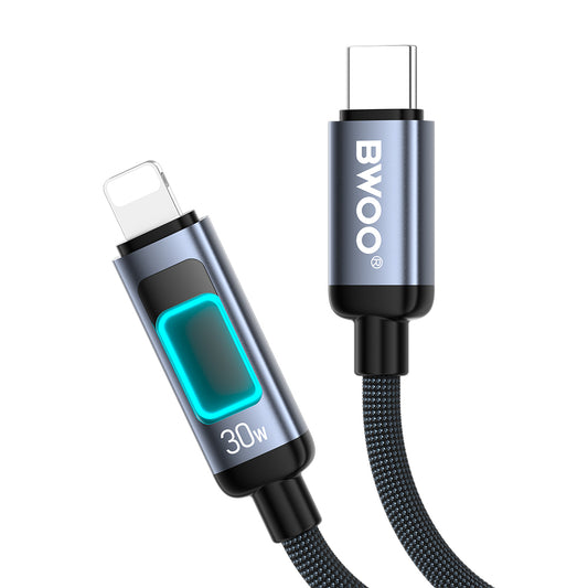 Cable de Datos y Carga USB-C - Lightning BWOO X324CL Display, 30W, 1m, Negro
