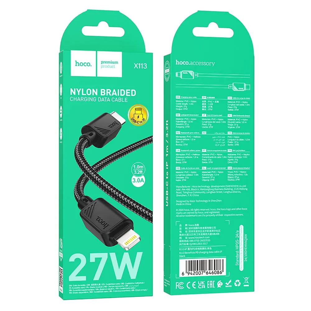 Cable de Datos y Carga USB-C - Lightning HOCO X113, 27W, 1m, Negro