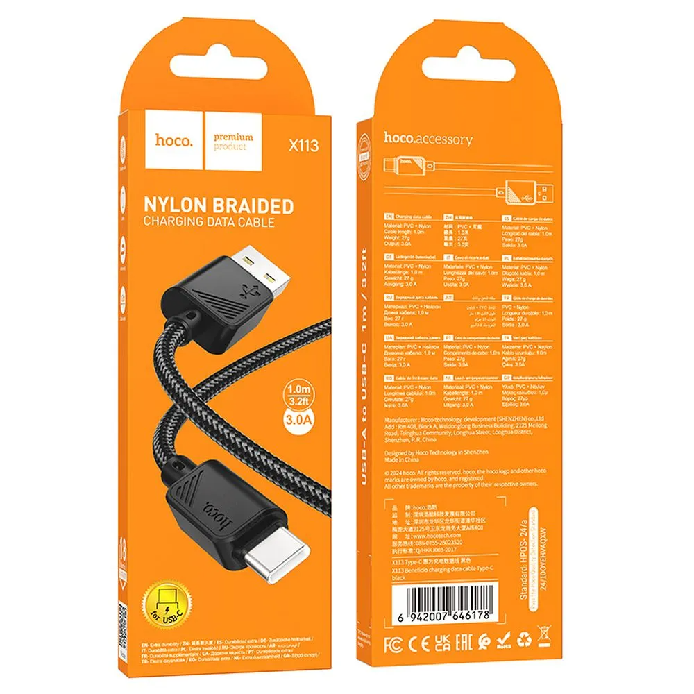 Cable de Datos y Carga USB-A - USB-C HOCO X113, 18W, 1m, Negro