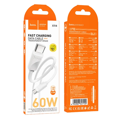 Cable de Datos y Carga USB-C - USB-C HOCO X114, 60W, 1m, Blanco