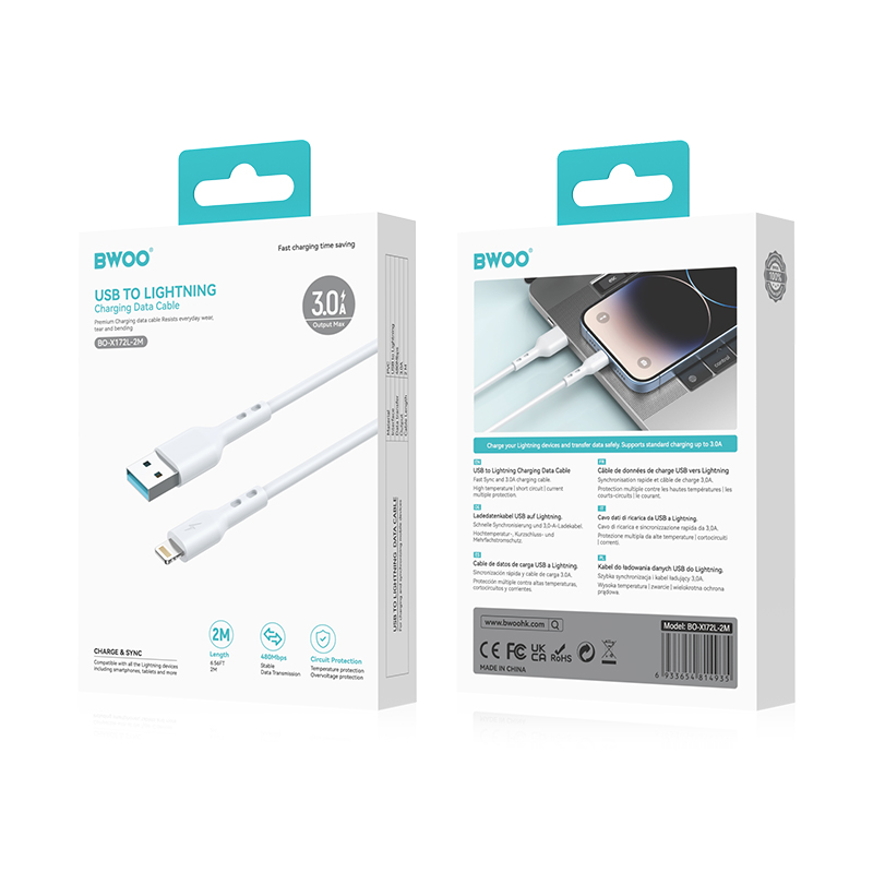 Cable de Datos y Carga USB-A - Lightning BWOO BO-X172L-2M, 15W, 2m, Blanco