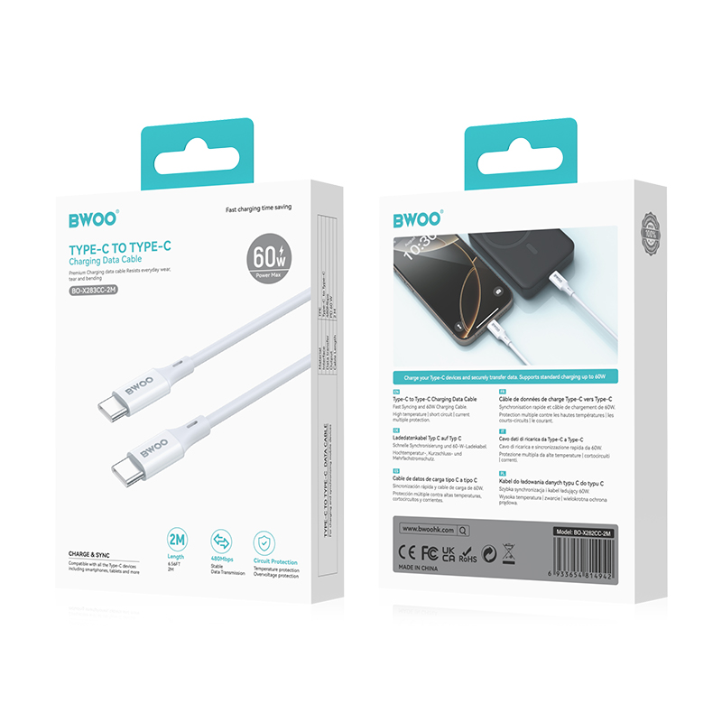Cable de Datos y Carga USB-C - USB-C BWOO BO-X283CC-2M, 60W, 2m, Blanco