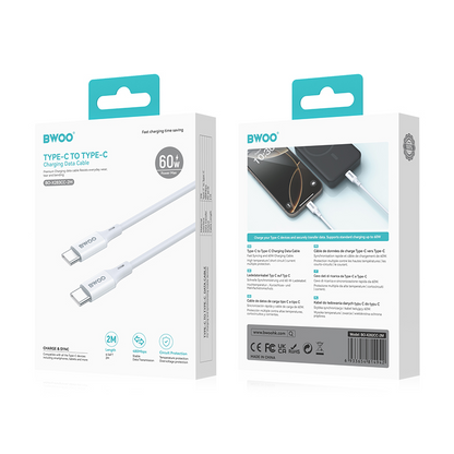 Cable de Datos y Carga USB-C - USB-C BWOO BO-X283CC-2M, 60W, 2m, Blanco