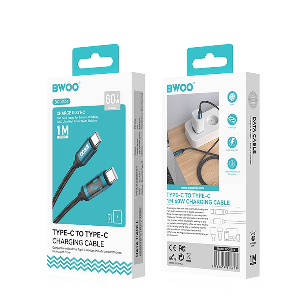 Cable de Datos y Carga USB-C - USB-C BWOO BO-X304 Led, 60W, 1m, Negro