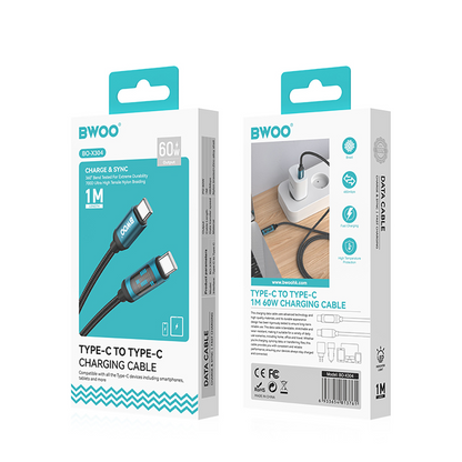 Cable de Datos y Carga USB-C - USB-C BWOO BO-X304 Led, 60W, 1m, Negro