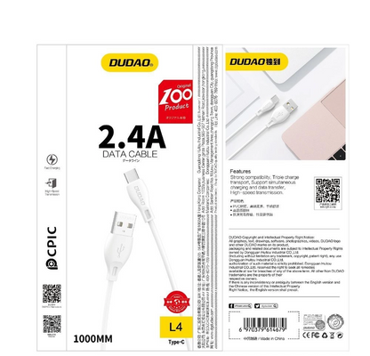 Cable de Datos y Carga USB-A - Lightning Dudao L4L, 18W, 1m, Blanco