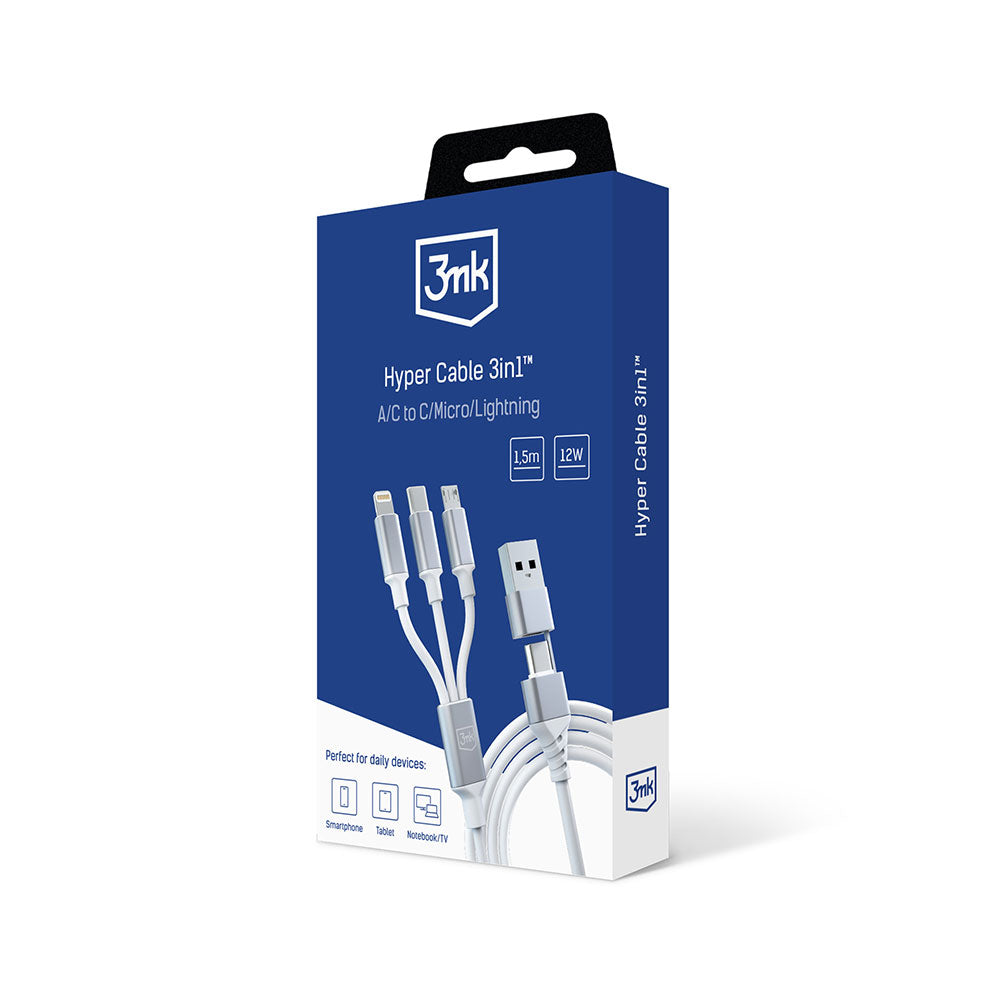 Cable de Carga USB-A / USB-C - Lightning / microUSB / USB-C 3MK Hyper 3in1, 12W, 1.5m, Blanco