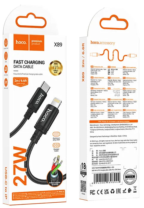 Cable de Datos y Carga USB-C - Lightning HOCO X89, 27W, 2m, Negro