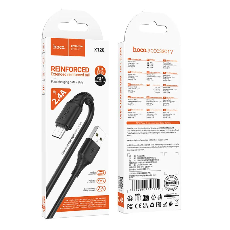 Cable de Datos y Carga USB-A - microUSB HOCO X120, 18W, 1m, Negro