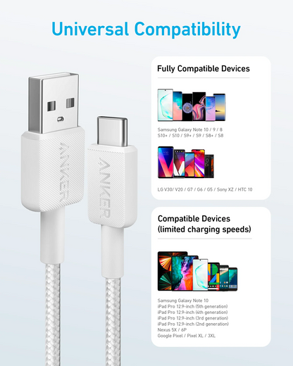 Cable de Datos y Carga USB-A - USB-C Anker 322, 18W, 1.8m, Blanco A81H6G21