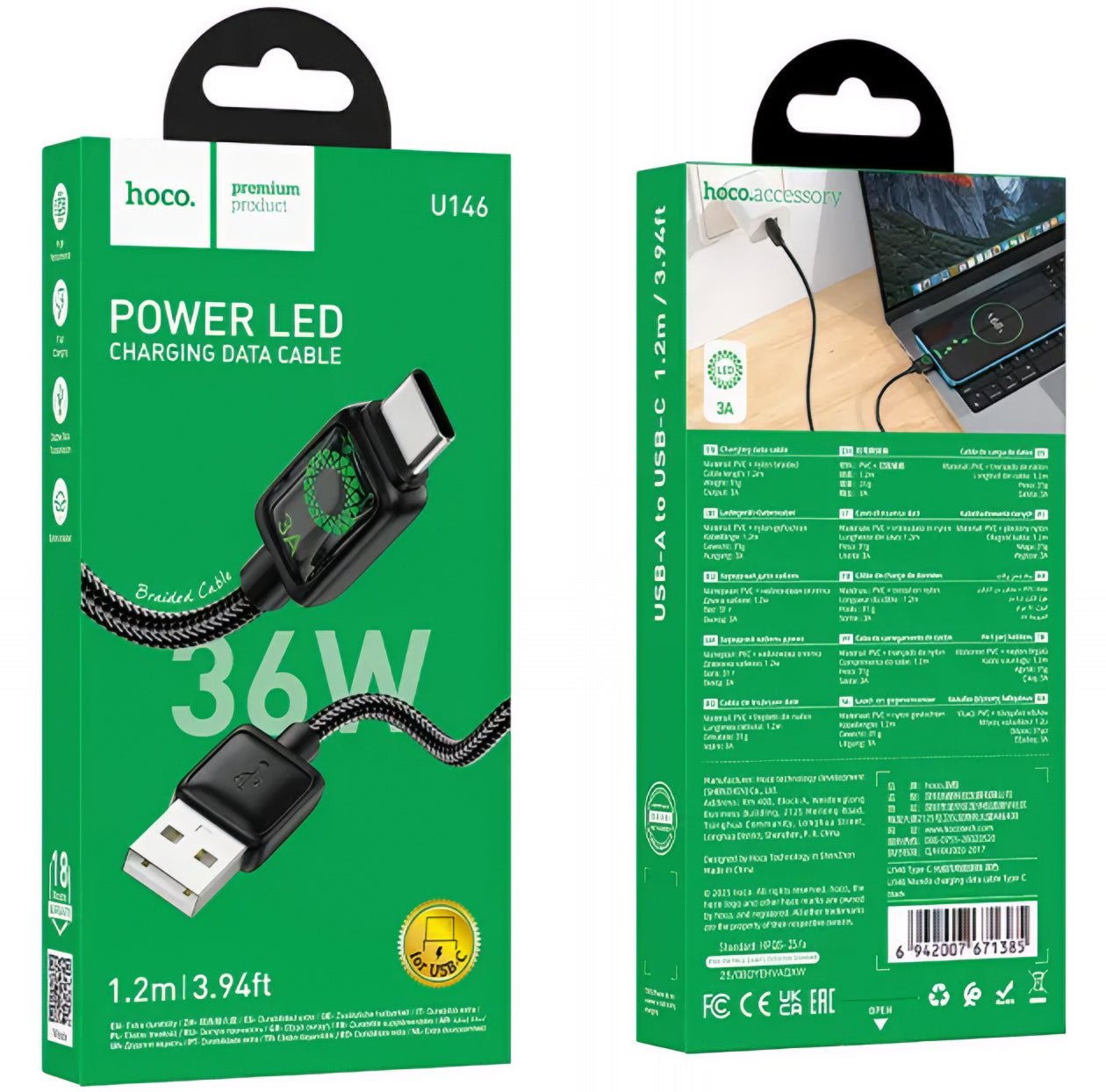 Cable de Datos y Carga USB-A - USB-C HOCO U146, 36W, 1.2m, Negro
