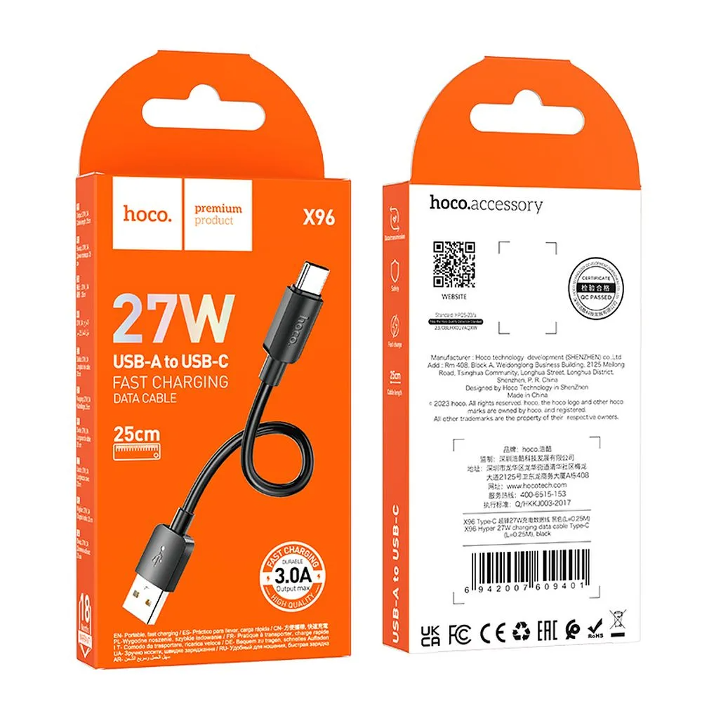 Cable de Datos y Carga USB-A - USB-C HOCO X96, 27W, 0.25m, Negro