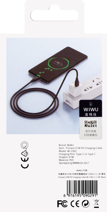 Cable de carga y datos USB-C - USB-C WiWu Wi-C002, 67W, 1m, Negro 